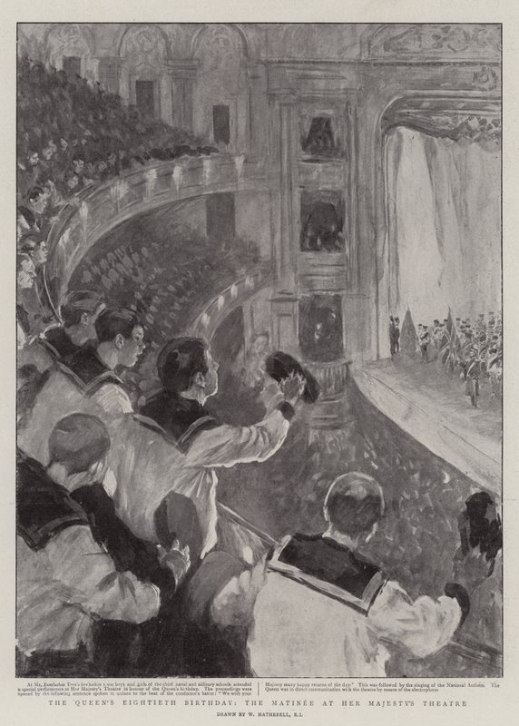 Osiemdziesiąte urodziny królowej, poranek w teatrze Jej Królewskiej Mości autorstwa William Hatherell