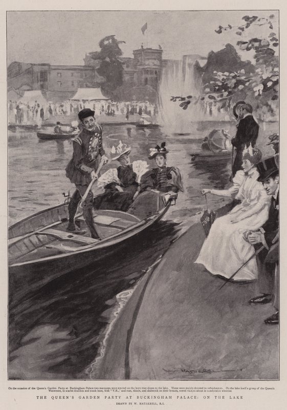 Królewskie przyjęcie w ogrodzie w Pałacu Buckingham nad jeziorem autorstwa William Hatherell