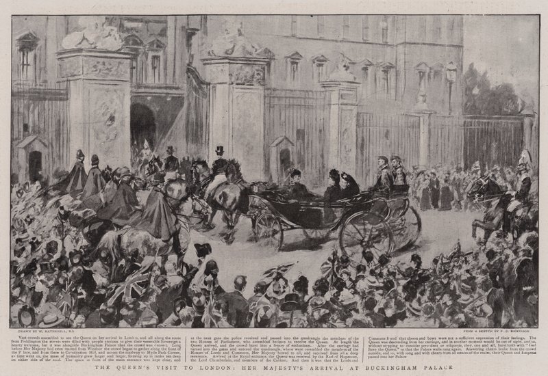 Wizyta królowej w Londynie, przyjazd Jej Królewskiej Mości do Pałacu Buckingham autorstwa William Hatherell