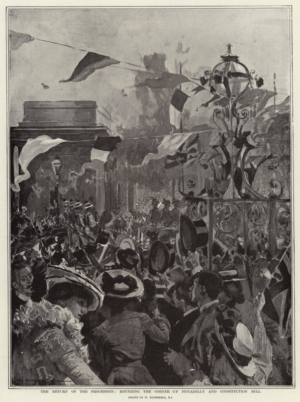 Powrót procesji, okrążając róg Piccadilly i Wzgórze Konstytucji autorstwa William Hatherell