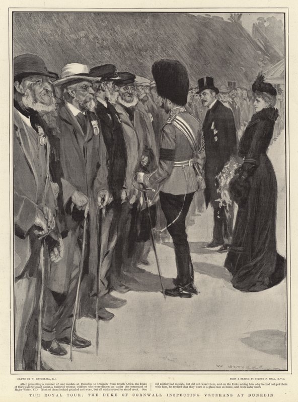 Królewska podróż, książę Kornwalii inspekcja weteranów w Dunedin autorstwa William Hatherell