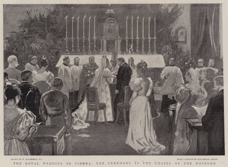Ślub królewski w Wiedniu, uroczystość w kaplicy Hofburg autorstwa William Hatherell