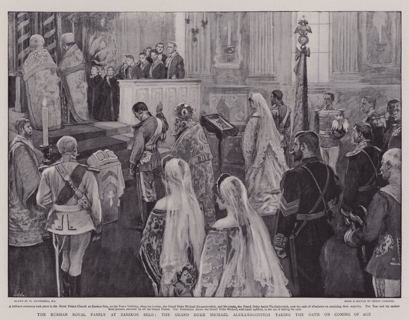 Rosyjska rodzina królewska w Zarskoe Selo, wielki książę Michał Aleksandrowicz złożył przysięgę po osiągnięciu pełnoletności autorstwa William Hatherell