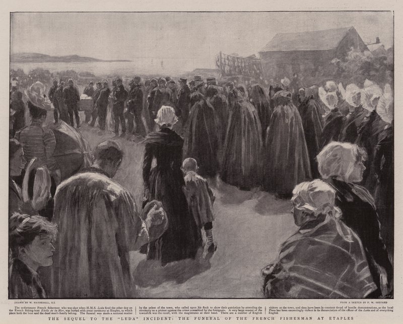 Kontynuacja incydentu Leda, pogrzeb francuskiego rybaka w Etaples autorstwa William Hatherell