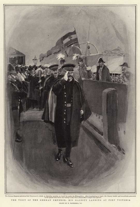 Wizyta cesarza niemieckiego, lądowanie Jego Królewskiej Mości w Port Victoria autorstwa William Hatherell