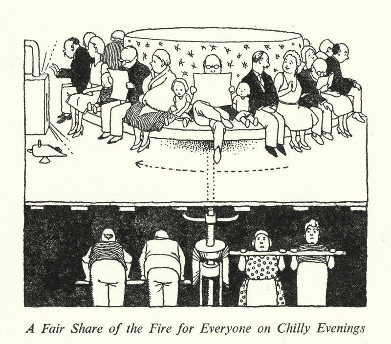 Sprawiedliwy udział w ogniu dla wszystkich w chłodne wieczory (lito) autorstwa William Heath Robinson