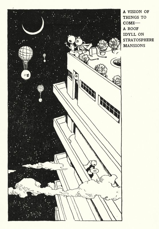 Wizja rzeczy, które nadejdą, sielanka na dachu w rezydencjach stratosfery (lito) autorstwa William Heath Robinson
