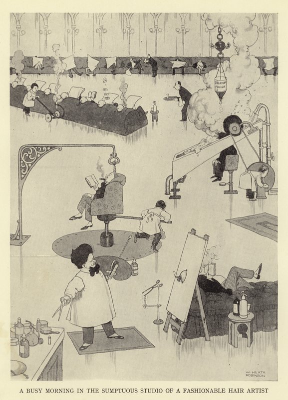 Pracowity poranek w wystawnej pracowni modnej fryzjerki autorstwa William Heath Robinson