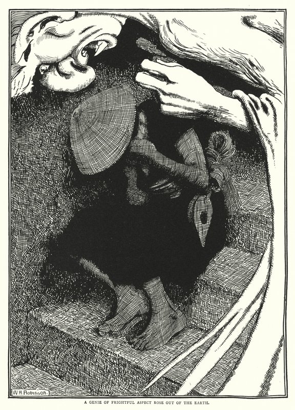 Dżin o przerażającym aspekcie wyrósł z ziemi (rycina) autorstwa William Heath Robinson