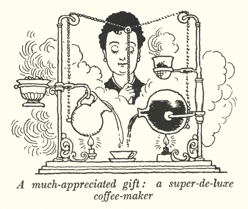 Bardzo ceniony prezent, ekspres do kawy super-de-luxe (lito) autorstwa William Heath Robinson