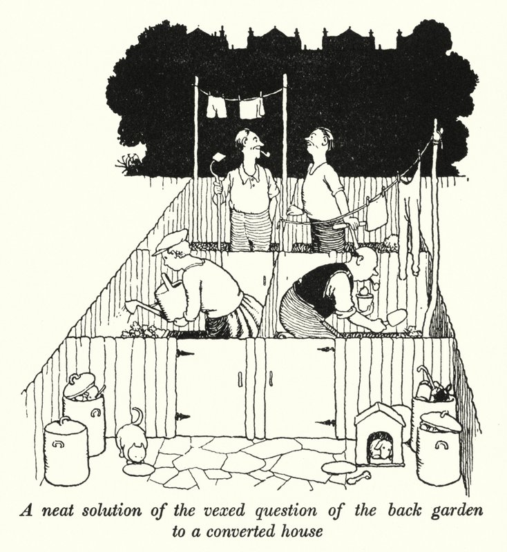 Zgrabne rozwiązanie nieznośnej kwestii ogrodu na tyłach przebudowanego domu (litos) autorstwa William Heath Robinson