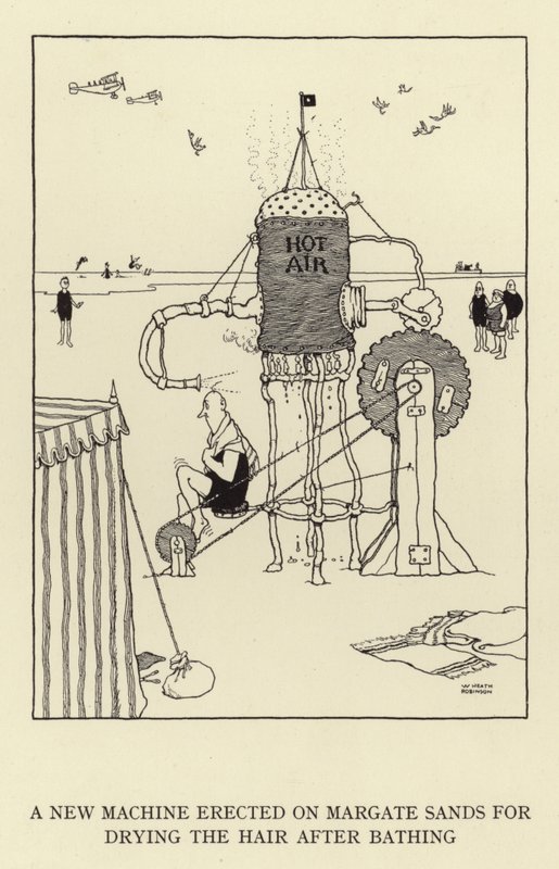 Nowa maszyna postawiona na Margate Sands do suszenia włosów po kąpieli autorstwa William Heath Robinson