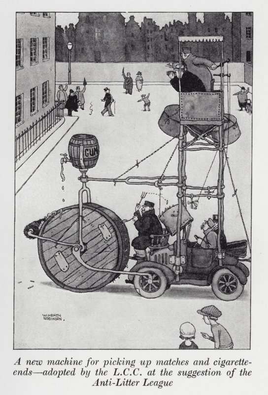 Nowa maszyna do zbierania zapałek i niedopałków przyjęta przez LCC z sugestii Ligi Antyśmieciowej (lit) autorstwa William Heath Robinson