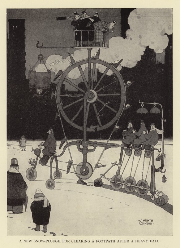 Nowy pług śnieżny do odśnieżania chodnika po silnym upadku autorstwa William Heath Robinson