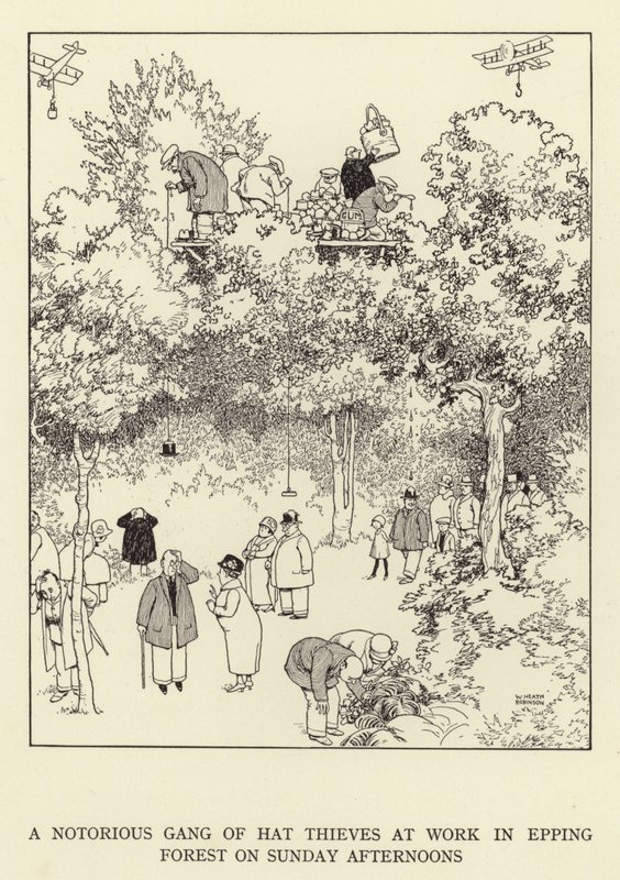 Znany gang złodziei kapeluszy w pracy w Epping Forest w niedzielne popołudnia autorstwa William Heath Robinson