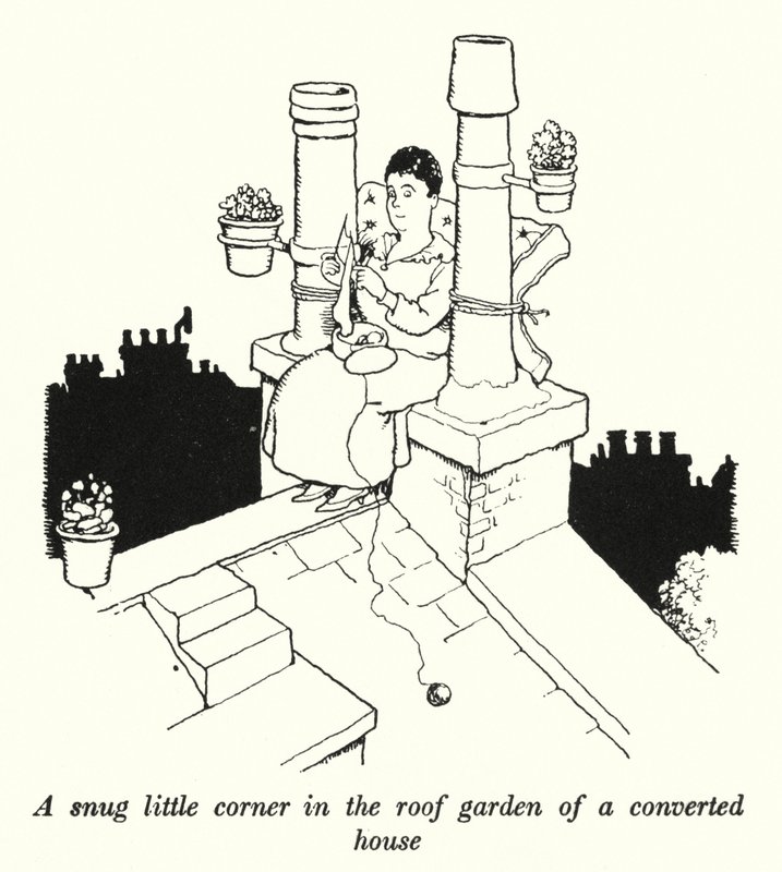 Przytulny kącik w ogrodzie na dachu przebudowanego domu (lito) autorstwa William Heath Robinson