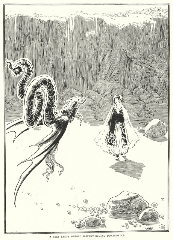Bardzo duży uskrzydlony wąż zbliżający się do mnie (rycina) autorstwa William Heath Robinson