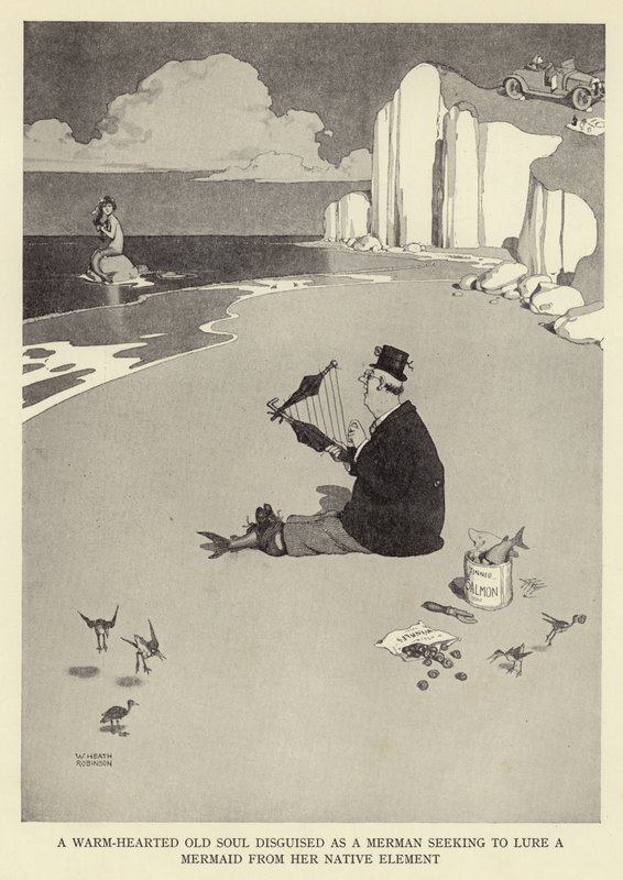 Stara dusza o ciepłym sercu przebrana za syrena, który chce wywabić syrenę z jej rodzimego żywiołu autorstwa William Heath Robinson