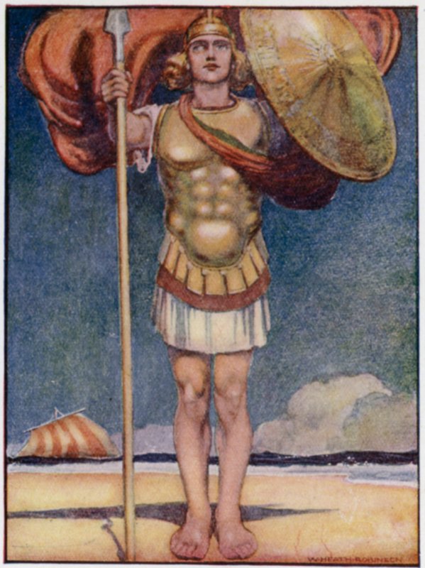 Achilles, najszybszy w nogach i najodważniejszy ze wszystkich greckich bohaterów (kolor lito) autorstwa William Heath Robinson