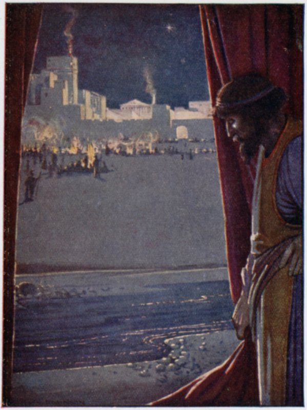 Agamemnon usłyszał dźwięk fajki i fletu oraz śmiech ludzi, gdy Trojanie ucztowali i weselili się (kolor lito) autorstwa William Heath Robinson