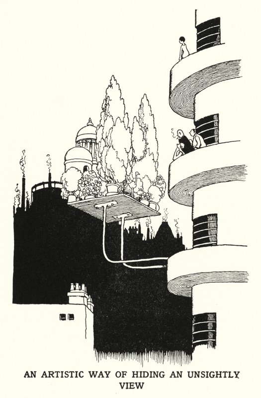 Artystyczny sposób na ukrycie nieestetycznego widoku (litografia) autorstwa William Heath Robinson
