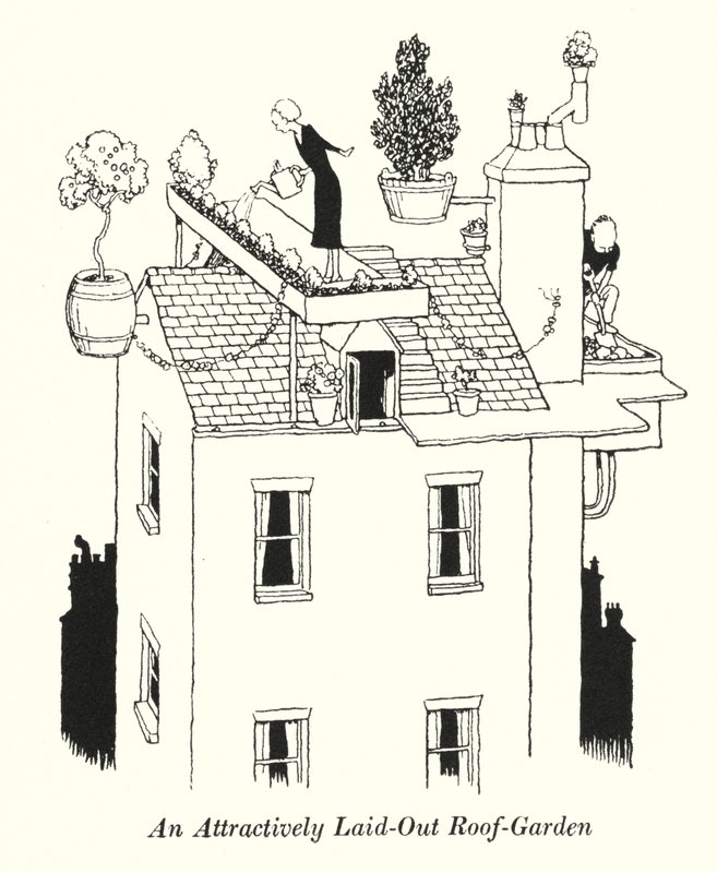 Atrakcyjnie rozplanowany ogród na dachu (lito) autorstwa William Heath Robinson