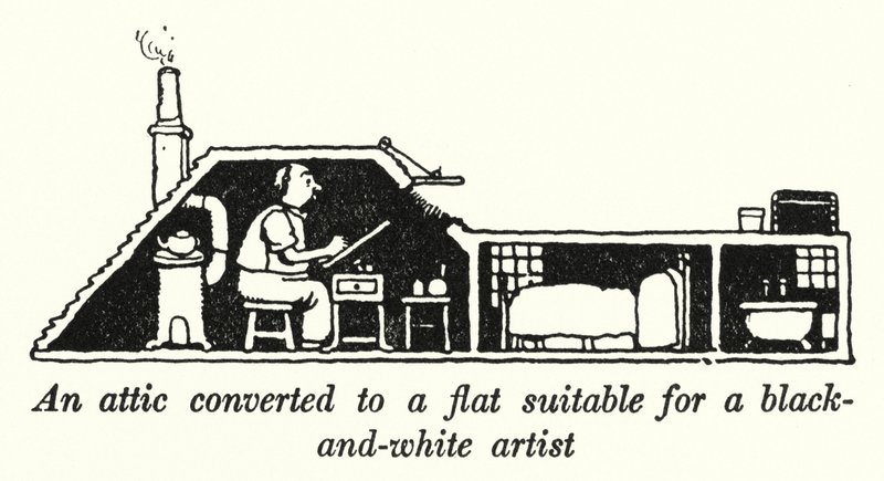 Strych przerobiony na mieszkanie odpowiednie dla czarno-białego artysty (lito) autorstwa William Heath Robinson