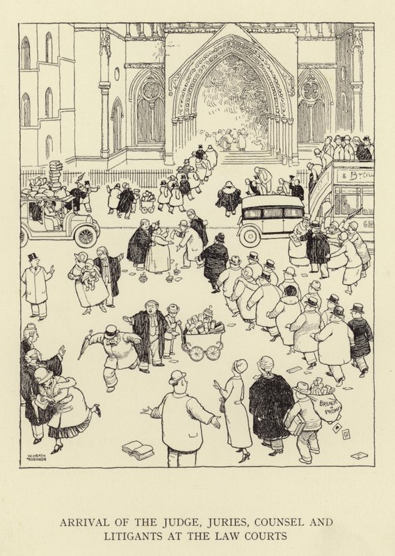 Przybycie sędziego, ławników, obrońców i stron procesowych do sądów powszechnych autorstwa William Heath Robinson