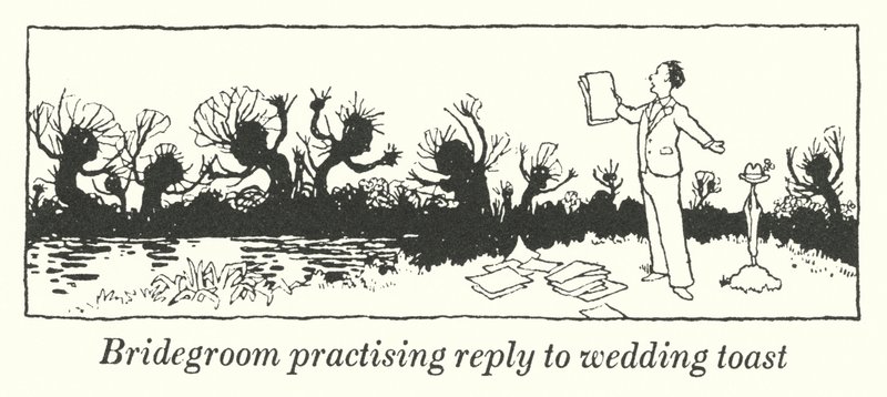 Oblubieniec ćwiczący odpowiedź na toast weselny (lito) autorstwa William Heath Robinson