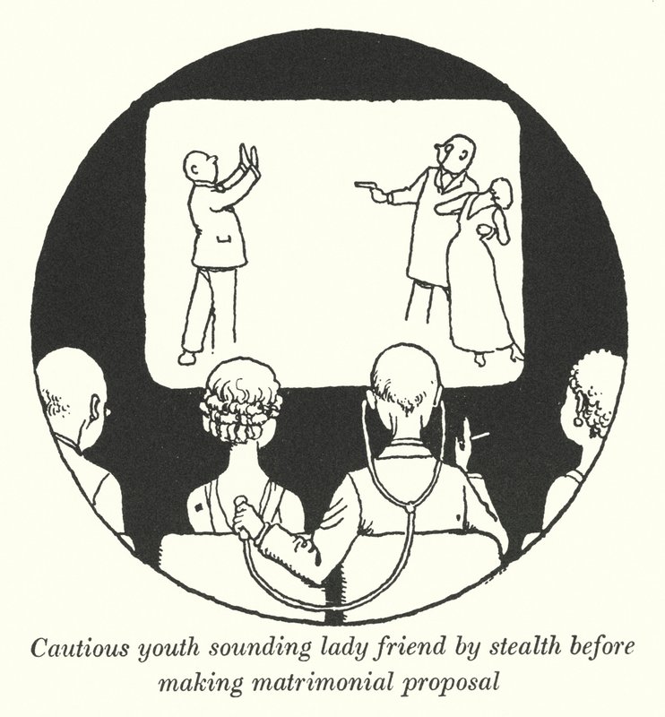 Ostrożna młoda dama brzmiąca ukradkiem przed złożeniem oświadczeń małżeńskich (lito) autorstwa William Heath Robinson