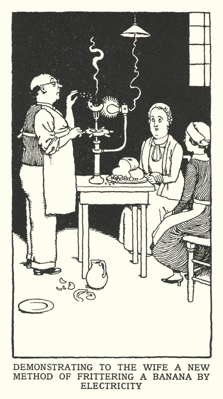 Zademonstrowanie żonie nowej metody smażenia banana za pomocą prądu (litografia) autorstwa William Heath Robinson
