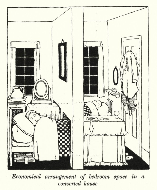 Ekonomiczna aranżacja przestrzeni sypialnej w zaadaptowanym domu (lito) autorstwa William Heath Robinson