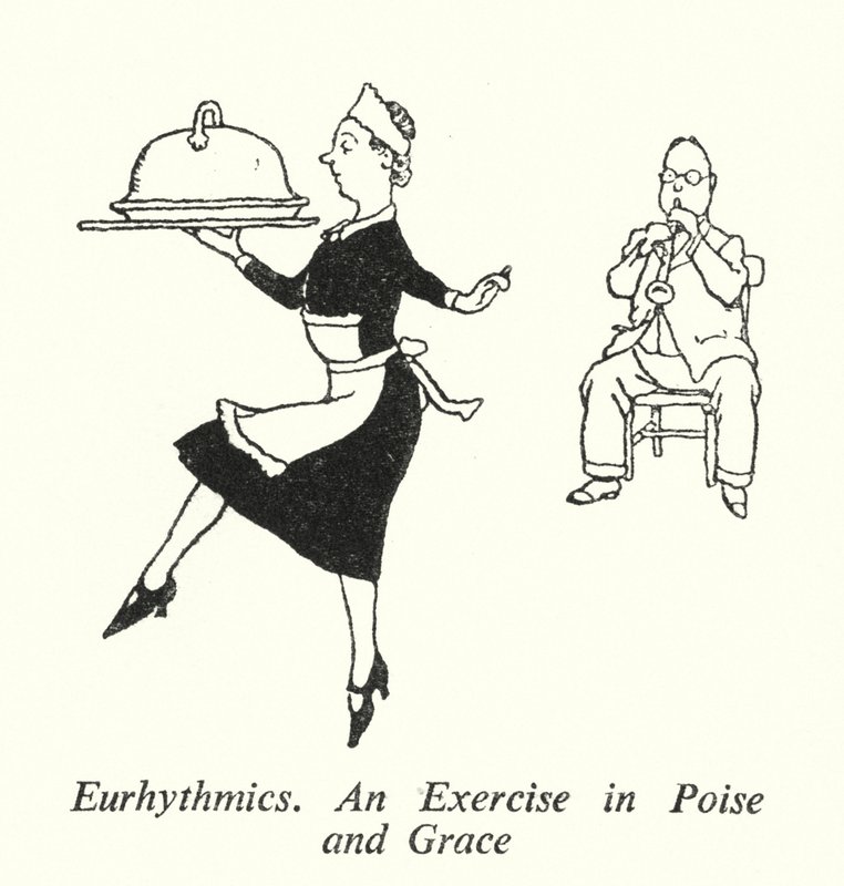 Rytmika, Ćwiczenie w równowadze i wdzięku (litografia) autorstwa William Heath Robinson