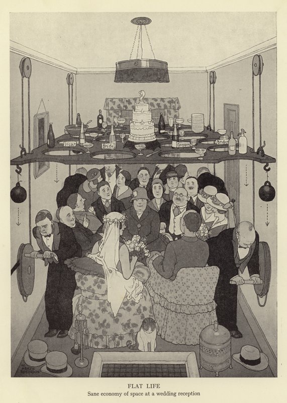 Płaskie życie, rozsądna oszczędność przestrzeni na weselu autorstwa William Heath Robinson