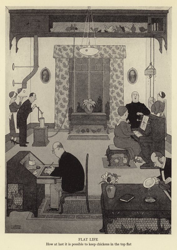 Płaskie życie, jak w końcu można trzymać kurczaki na górze? autorstwa William Heath Robinson