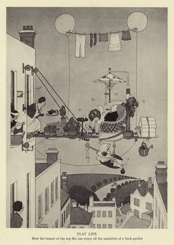 Życie w mieszkaniu, czyli jak najemca najwyższego mieszkania może cieszyć się wszystkimi udogodnieniami tylnego ogródka autorstwa William Heath Robinson