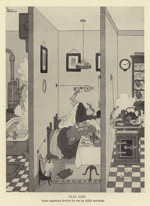 Płaskie życie, kilka pomysłowych urządzeń do użytku w chłodne poranki autorstwa William Heath Robinson