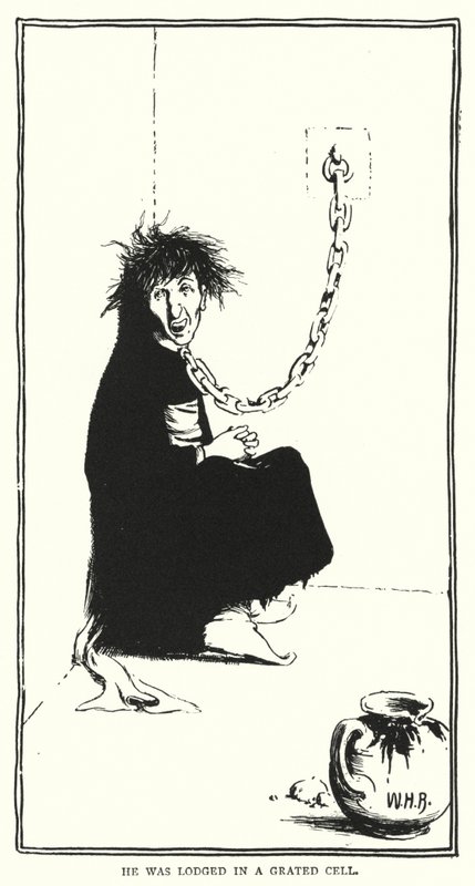 Został osadzony w zatartej celi (rycina) autorstwa William Heath Robinson
