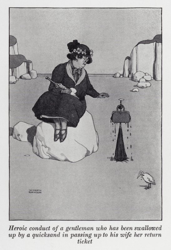 Bohaterskie zachowanie dżentelmena, który został pochłonięty przez ruchome piaski, przekazując żonie jej bilet powrotny (lito) autorstwa William Heath Robinson