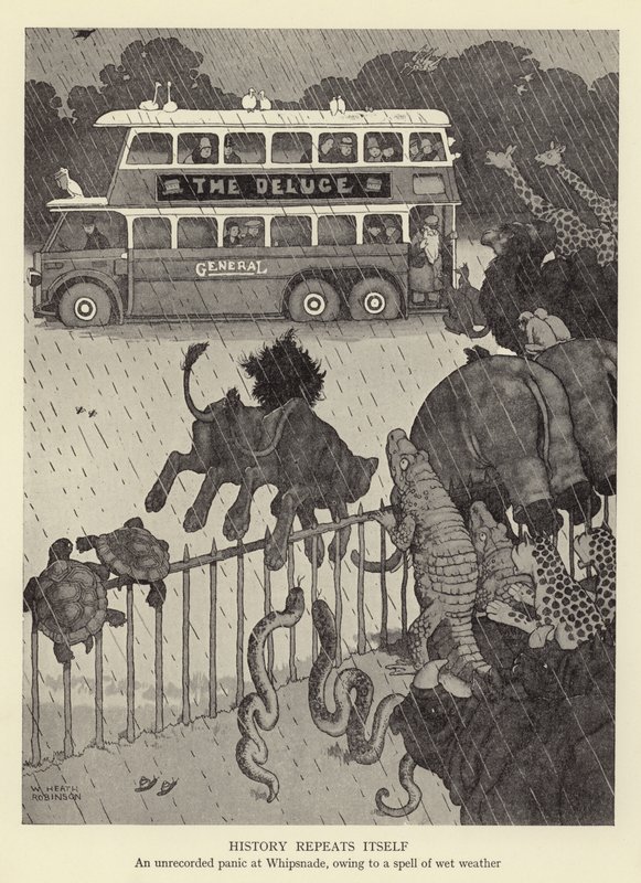 Historia się powtarza, nieodnotowana panika w Whipsnade z powodu mokrej pogody autorstwa William Heath Robinson