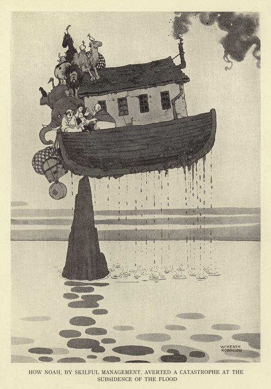 Jak Noe, dzięki umiejętnemu zarządzaniu, zapobiegł katastrofie przy ustąpieniu potopu autorstwa William Heath Robinson