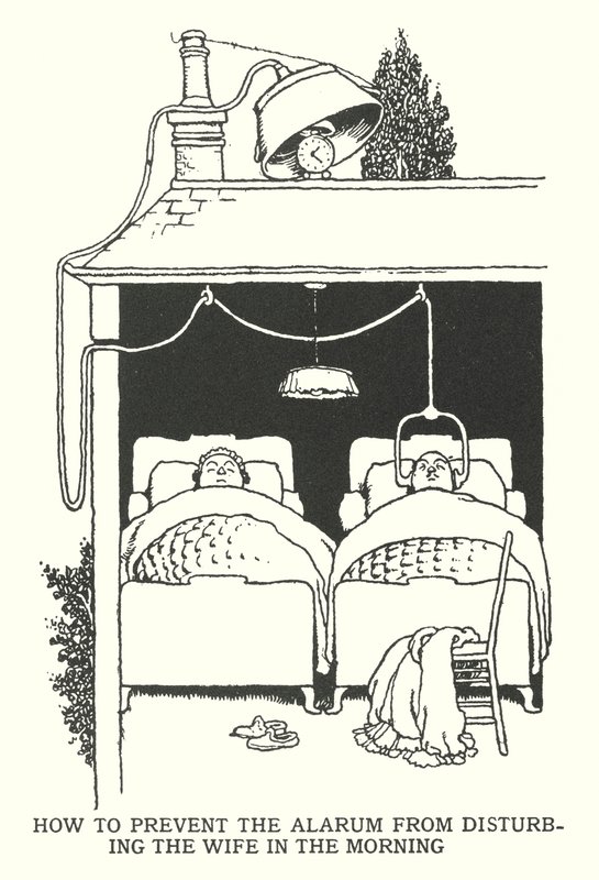Jak zapobiec niepokojeniu żony rano przez alarum (lito) autorstwa William Heath Robinson