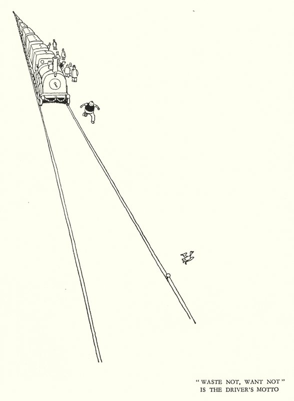 Ilustracja do Ribaldry na kolei autorstwa W. Heatha Robinsona (lito) autorstwa William Heath Robinson