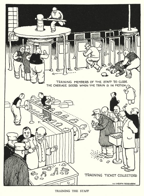 Ilustracja do Ribaldry na kolei autorstwa W. Heatha Robinsona (lito) autorstwa William Heath Robinson