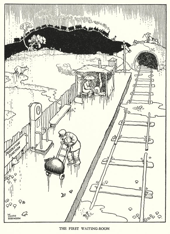 Ilustracja do Ribaldry na kolei autorstwa W. Heatha Robinsona (lito) autorstwa William Heath Robinson