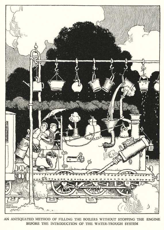 Ilustracja do Ribaldry na kolei autorstwa W. Heatha Robinsona (lito) autorstwa William Heath Robinson