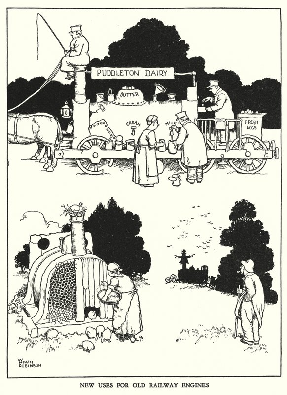 Ilustracja do Ribaldry na kolei autorstwa W. Heatha Robinsona (lito) autorstwa William Heath Robinson