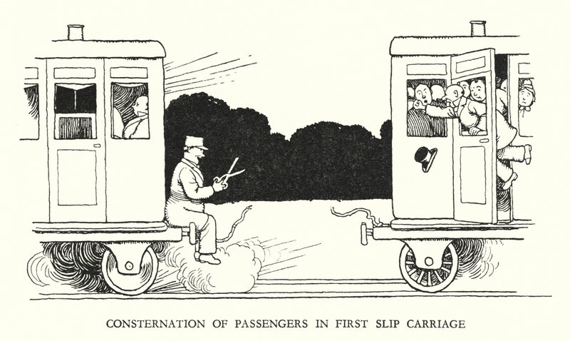 Ilustracja do Ribaldry na kolei autorstwa W. Heatha Robinsona (lito) autorstwa William Heath Robinson