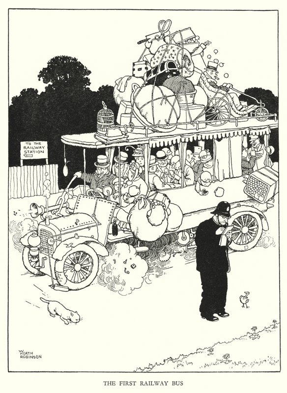 Ilustracja do Ribaldry na kolei autorstwa W. Heatha Robinsona (lito) autorstwa William Heath Robinson