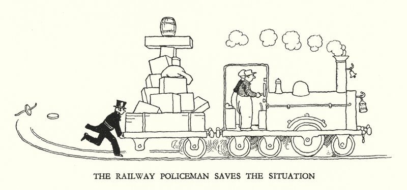 Ilustracja do Ribaldry na kolei autorstwa W. Heatha Robinsona (lito) autorstwa William Heath Robinson
